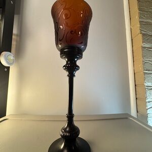 Tall Dark Amber Glass Candle Holder on Black Stand